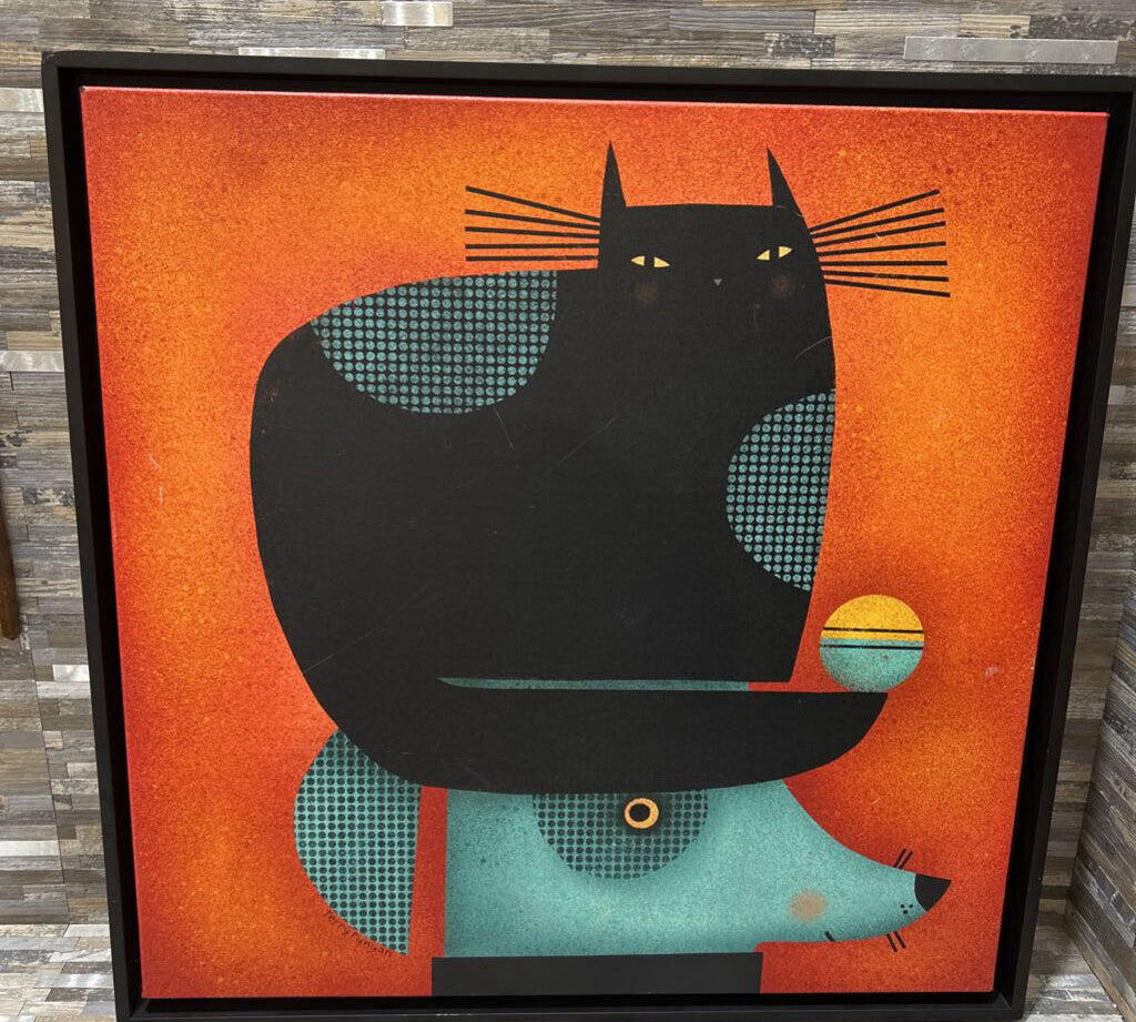"Black Cat On Head" By Terry Runyan Framed Canvas ART WORK 28x28