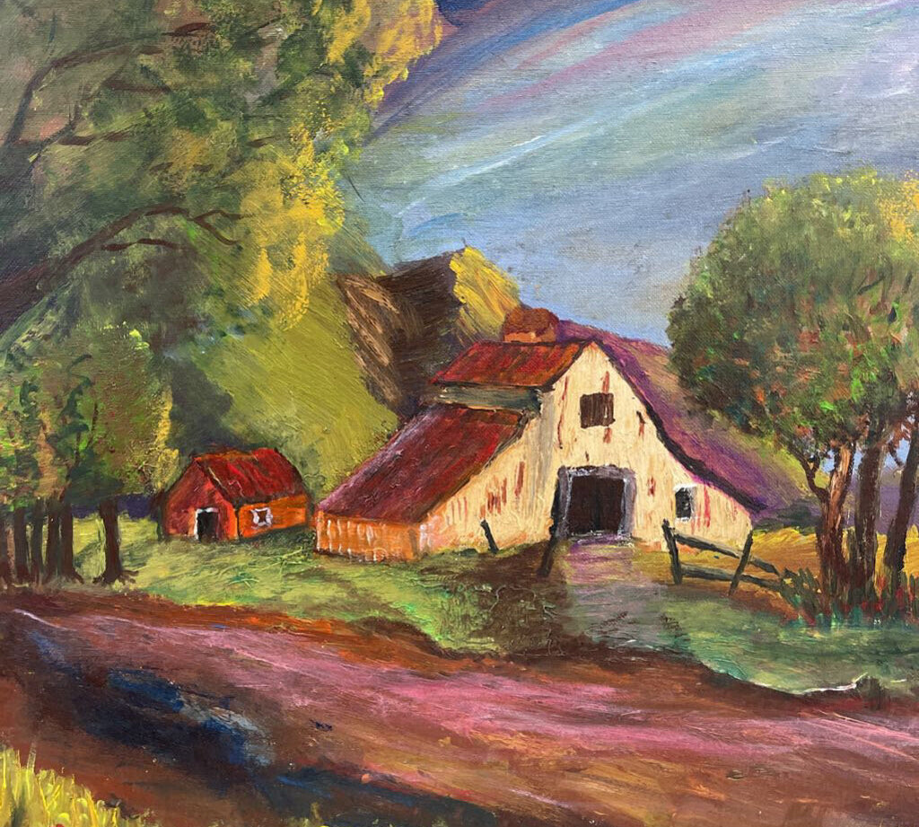 Original Rural Landscape Painting on Board Signed Jeff K ART WORK 24Wx20H