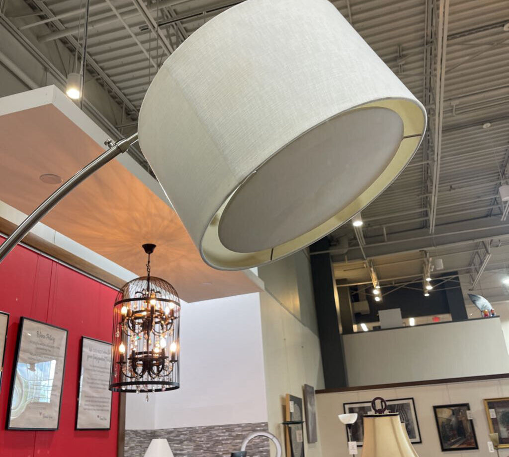 CB2 Big Dipper Nickel Arching Base w/ Light Filtering Shade FLOOR LAMP 50Wx15Dx86H