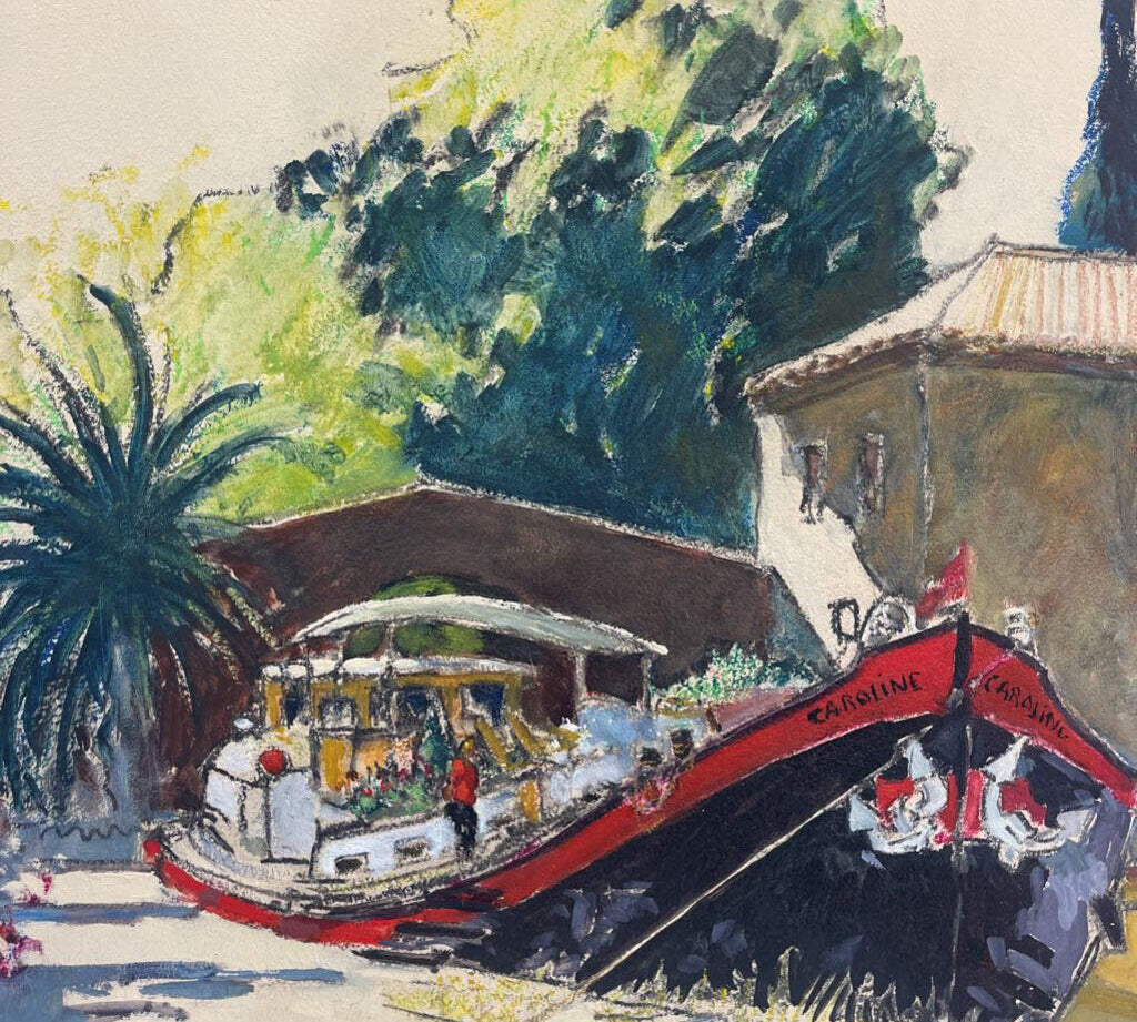Denis Carriere French Original Harbored Boat Scene Painting on Board ART WORK 21Wx22H