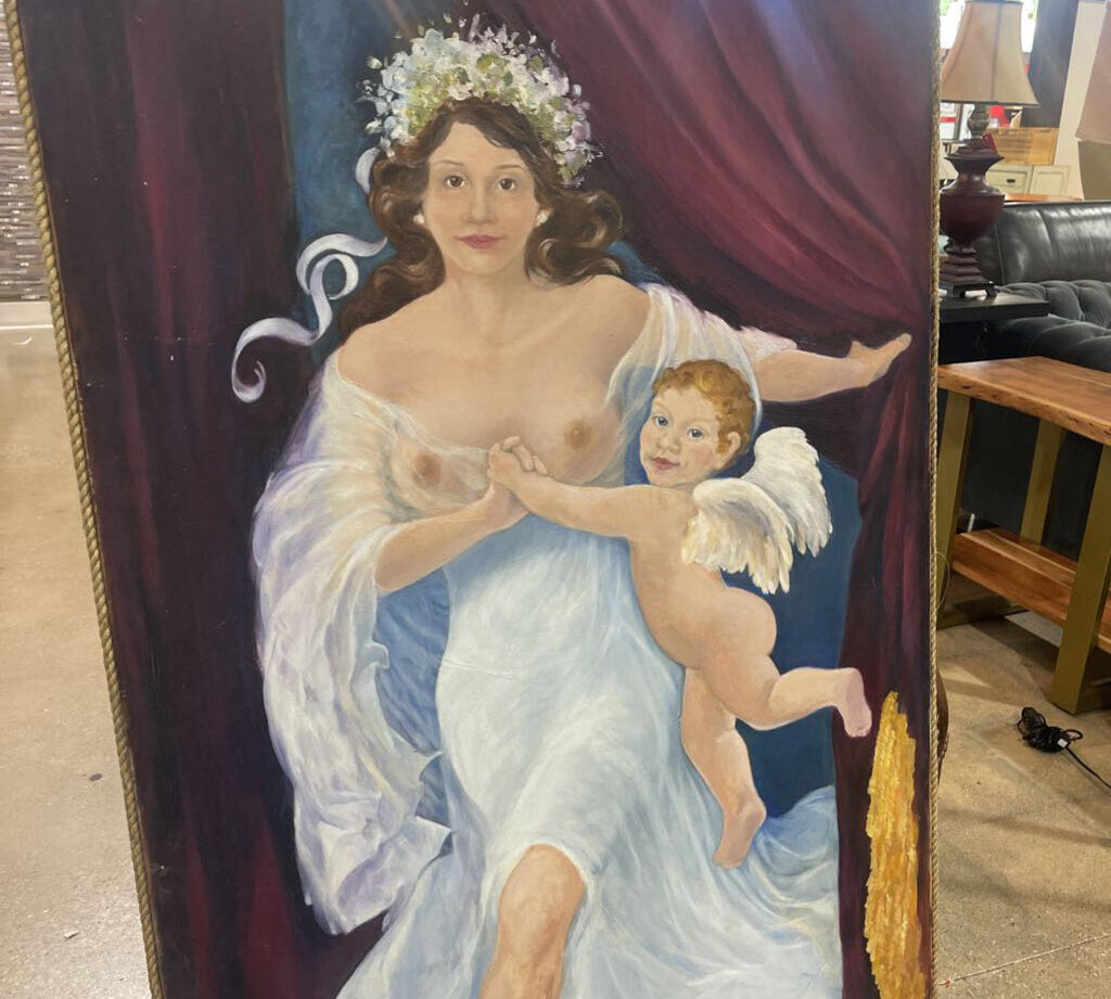 Ethereal Woman w/ Baby Angel Painting on Canvas with Fringe ART WORK 33Wx60H