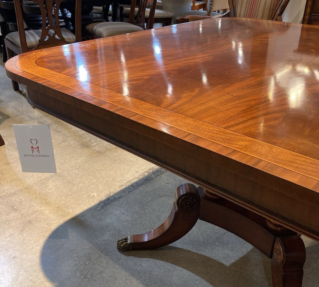 Henredon Banded Mahogany Double Pedestal w/ Three 22" Leaves DINING TABLE 86w52d30.5h