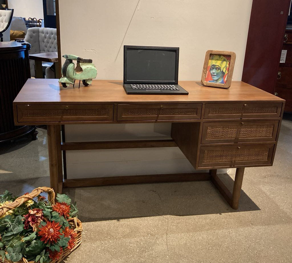 Mercana Grier Solid Wood & Cane 5-Drawer DESKS Medium Brown 60w23d30.5h