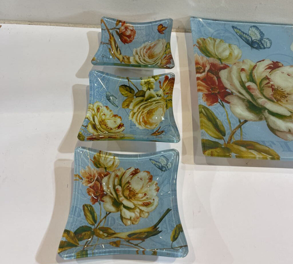 5pc Set Lisa Audit Floral Glass Dish Tray Set ACCESSORIES 16Wx12H largest