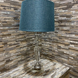 Faceted Glass Base w/ Woven Turquoise Drum Shade TABLE LAMP 14Wx29H