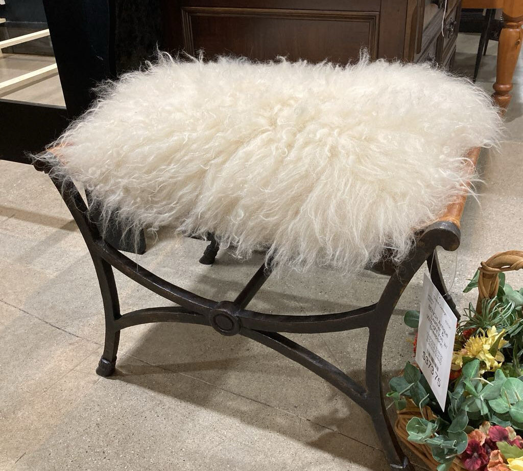 Antique Leather & Wrought Iron w/ Sheepskin Cushion BENCH 25w18d18h