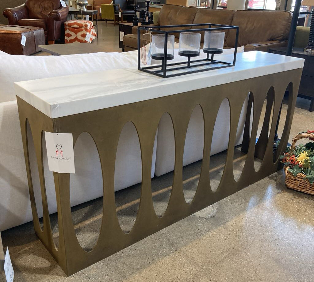 Custom Architectural Marble Top & Brass Base CONSOLE TABLE 64w14d30h
