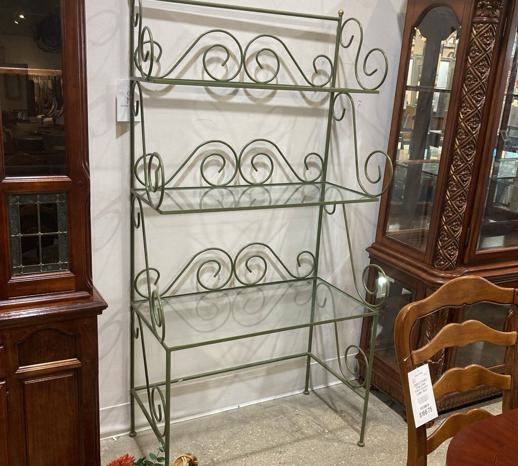 Scrollwork Tiered Metal & Glass Baker's Rack FURNITURE Green 38w18d73h