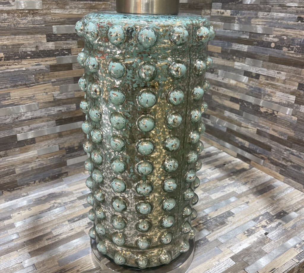 Mercury Style Nubby Glass Base w/ Linen Hardback Shade TABLE LAMP 17Wx30H