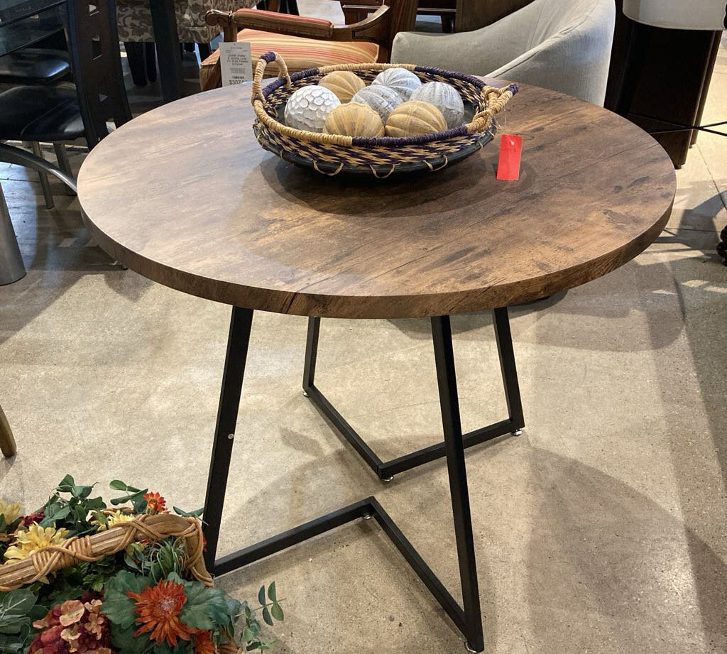 Round Wood Finish Style Top w/ Modern Metal Base DINING TABLE 35.5Wx30H