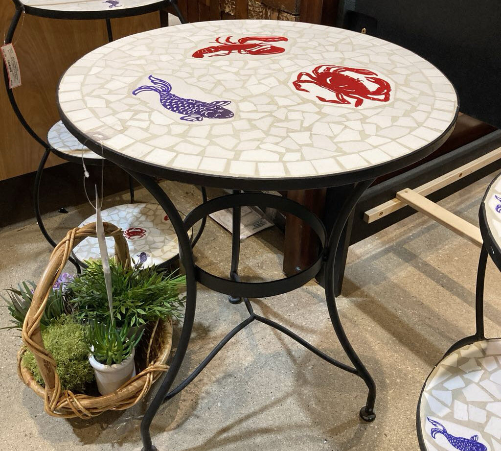 Coastal Sea Life Themed Tile Mosaic Top w/ Metal Base SIDE TABLE 22Wx27H