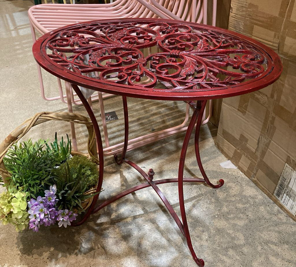 Oval Cast Iron Open Scroll Top SIDE TABLE Red 24Wx17Dx23