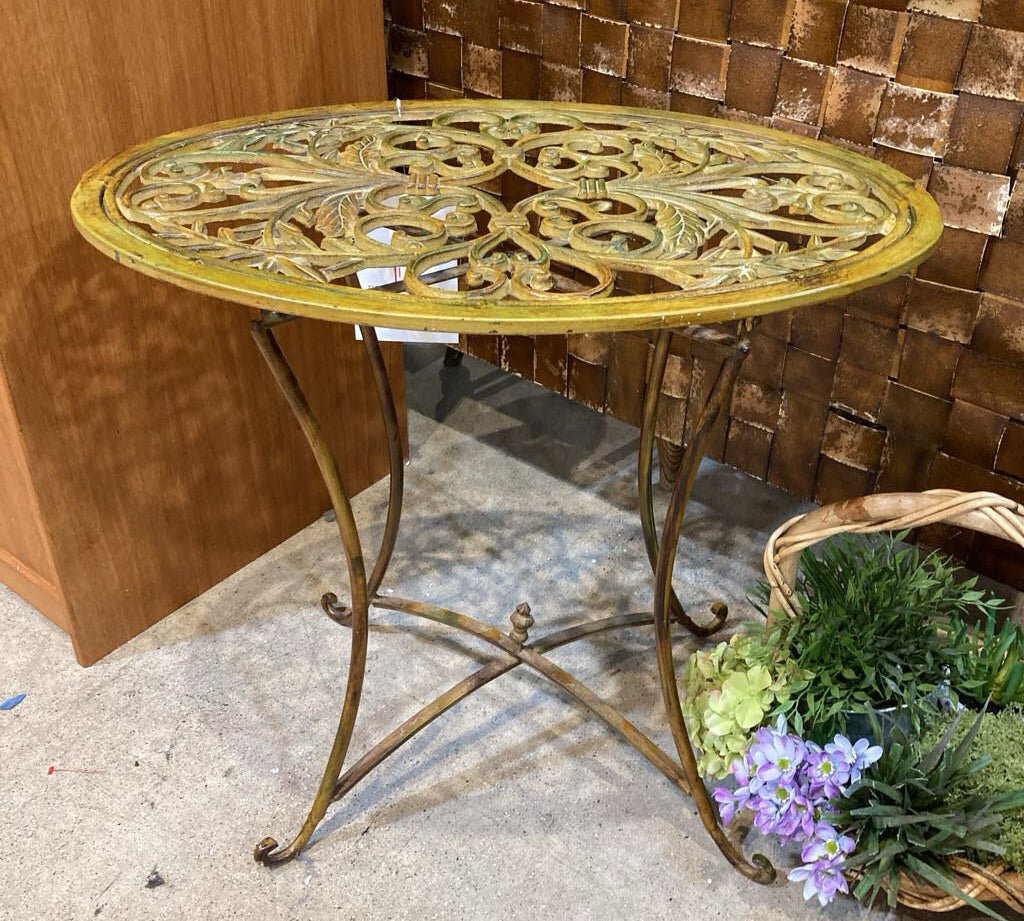Oval Cast Iron Open Scroll Top SIDE TABLE Burnished Gold 24Wx17Dx23H