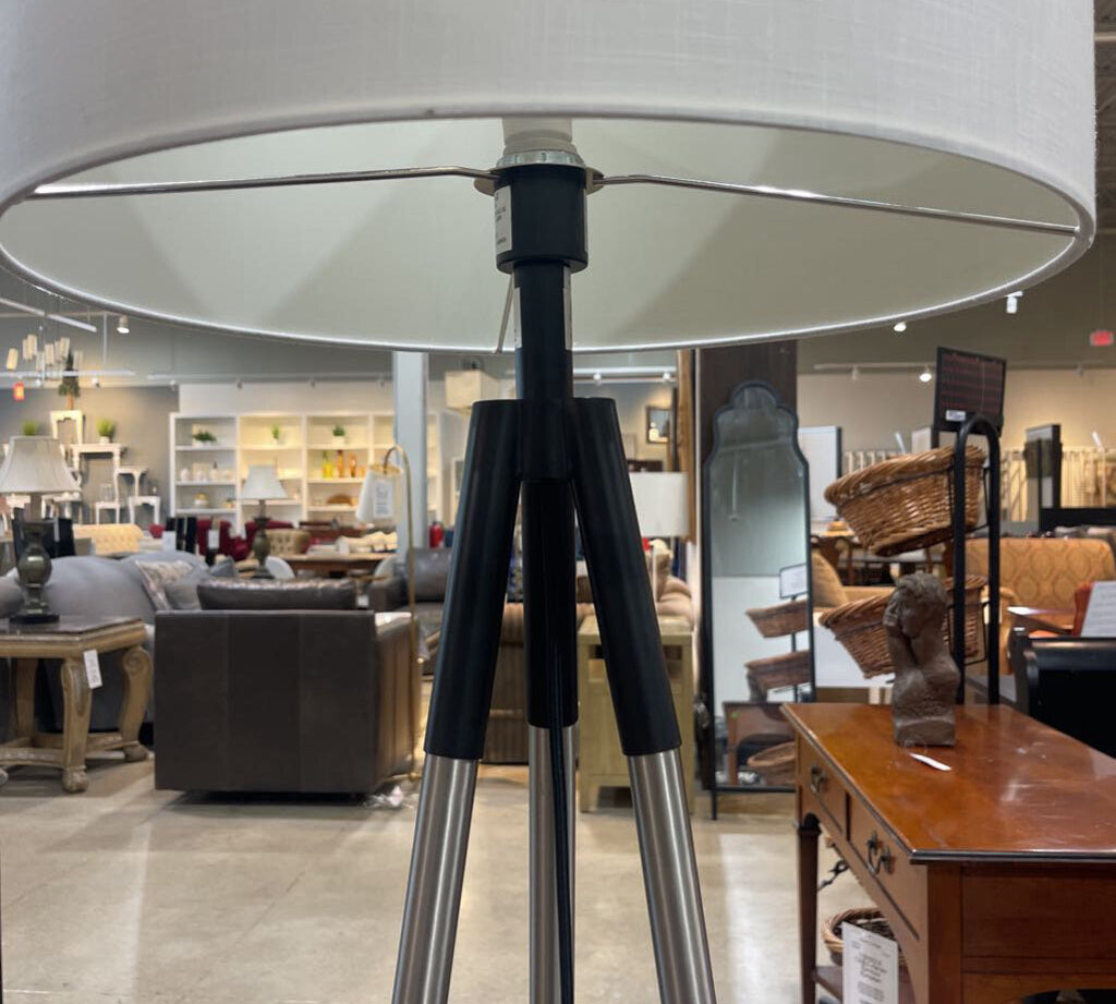 Modern Tripod Nickel Base w/ Drum Shade FLOOR LAMP 18Wx61H