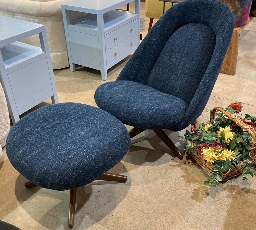 Burrow Airmail Chair & Ottoman LOUNGE CHAIRS Navy Blue Performance Boucle 27w39d33.5h