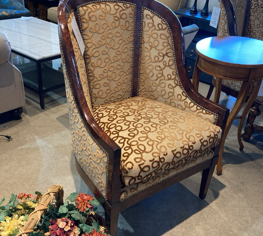 William Switzer Custom Barrel-Back Burl Armchair CHAIR 26.5w23d40.5h