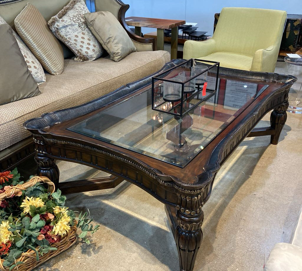 Ornate Relief Rectangular Glass Top COFFEE/COCKTAIL TABLE 64w40d21h