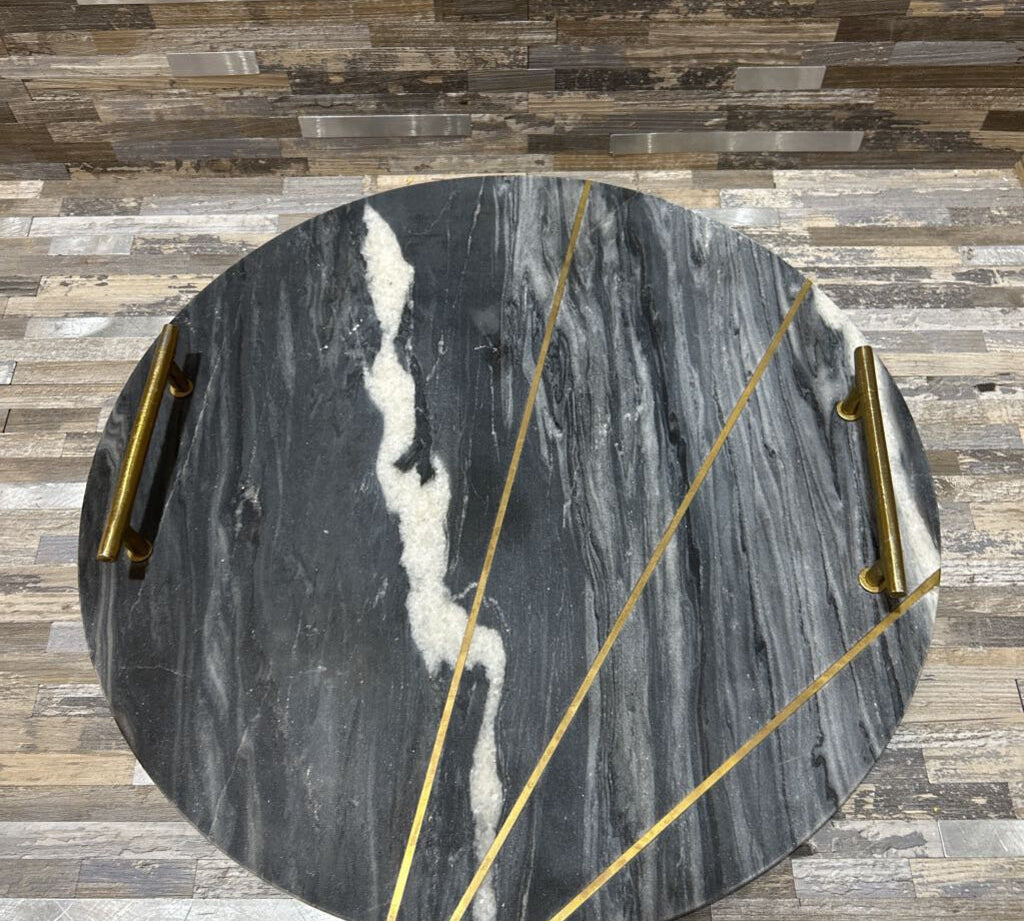 Round Marble Serving Tray w/ Brass Handles GIFT 16d2h