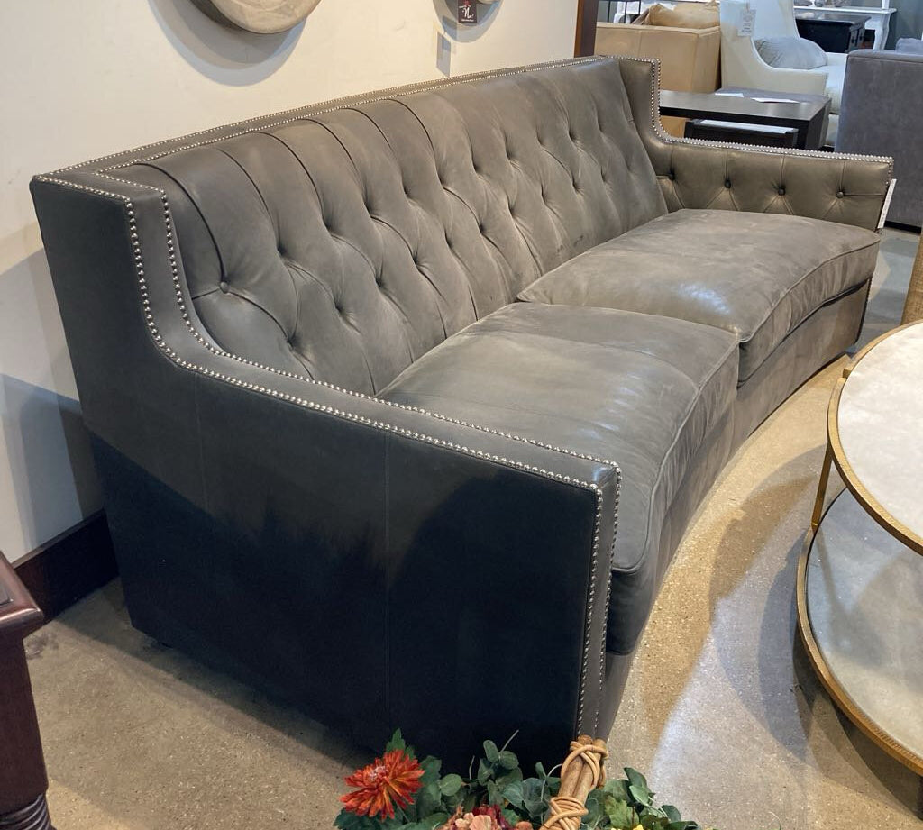 Bernhardt Curved Tufted Top Grain Leather w/ Tack Head Trim Accents SOFA Grey 97Wx39Dx34H