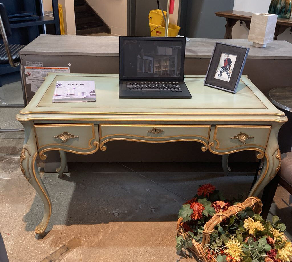 Karges Fine French Louis XV Style 3-Drawer w/ Bronze Ormolu DESKS Green 49Wx24Dx29.5H
