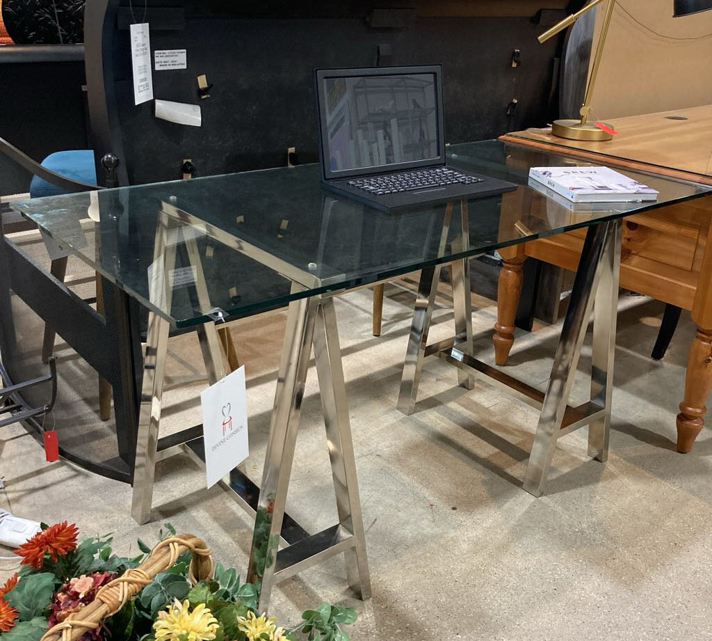 West Elm Chrome Saw Horse Base Glass Top DESKS 56Wx28Dx30H