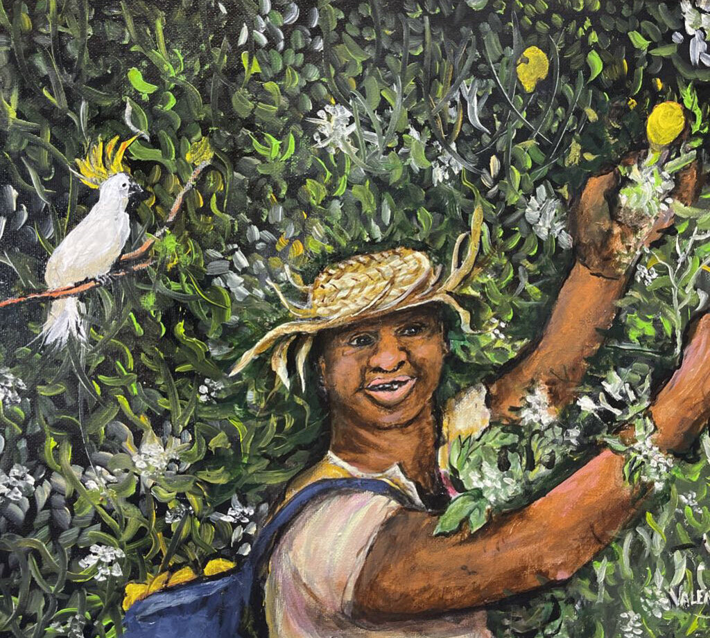 Val Kurzeja Original Signed Painting - Man Picking a Lemon Tree ART WORK 24Wx20H