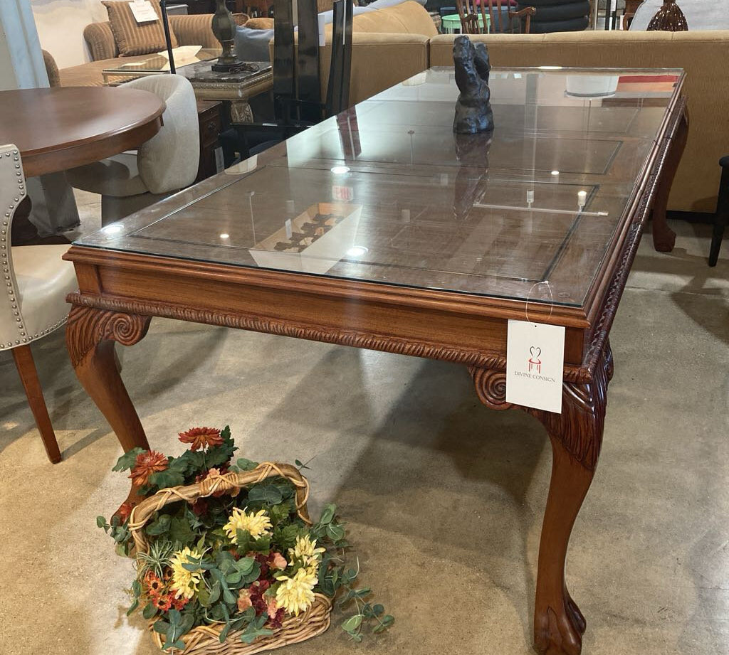 Chippendale W/Glass Top Feet 2-31"Leaves DINING TABLE 60w45dx31h