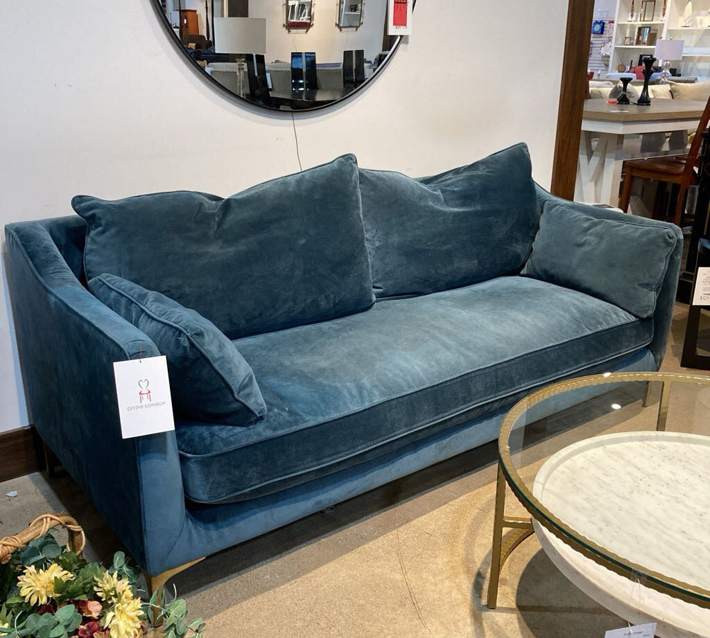 MCM Velvet Down-Filled Slope Arm SOFA Teal/Gold 78w35d31h