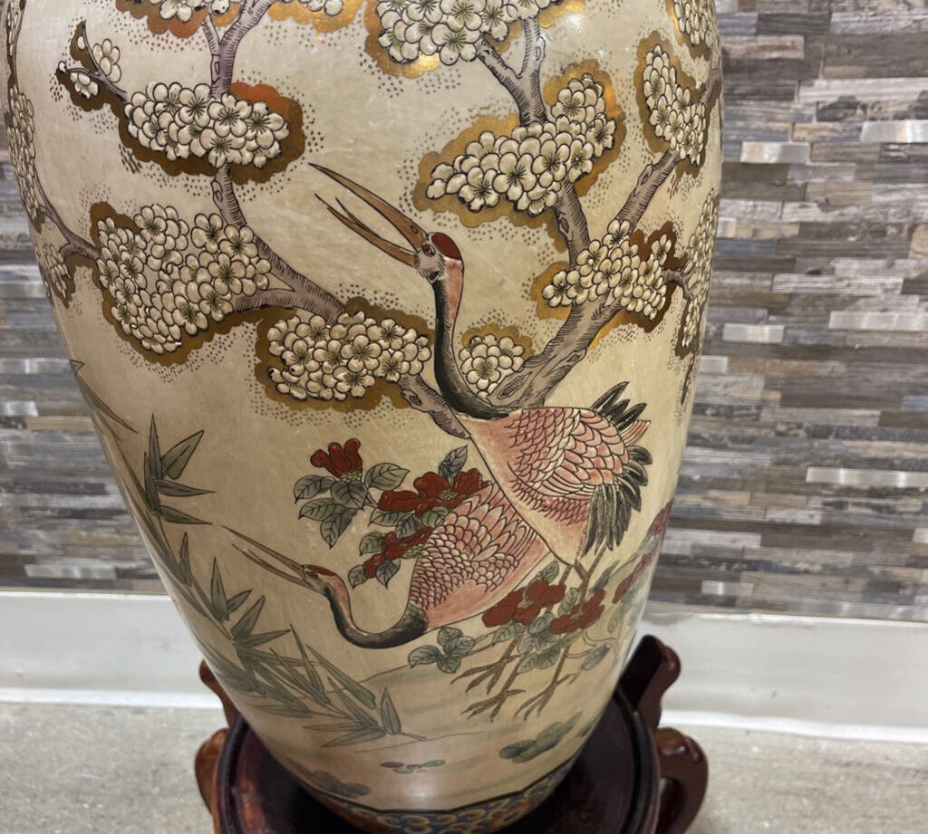 Japanese Satsuma Crane Design Porcelain Jar Vase on Wood Stand GIFT 12Wx24H vase only, not stand