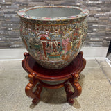 Vintage Chinese Famille Rose Fishbowl Planter on Wood Stand GIFT 17Wx13H planter only, not stand