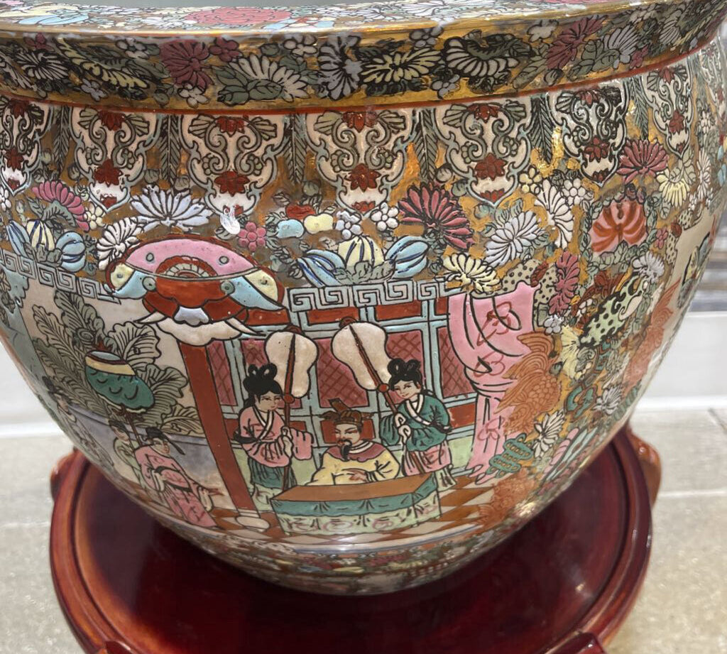 Vintage Chinese Famille Rose Fishbowl Planter on Wood Stand GIFT 17Wx13H planter only, not stand