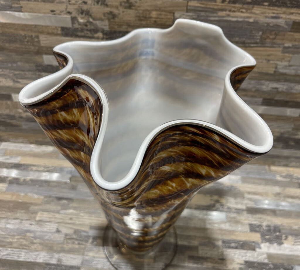 Striped Art Glass Ruffle Footed Vase ACCESSORIES 8.5Wx12H