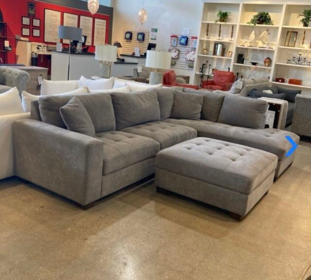Thomasville 2pc Tufted w/ Chaise & Storage Ottoman SECTIONAL Gray 121w81d31h