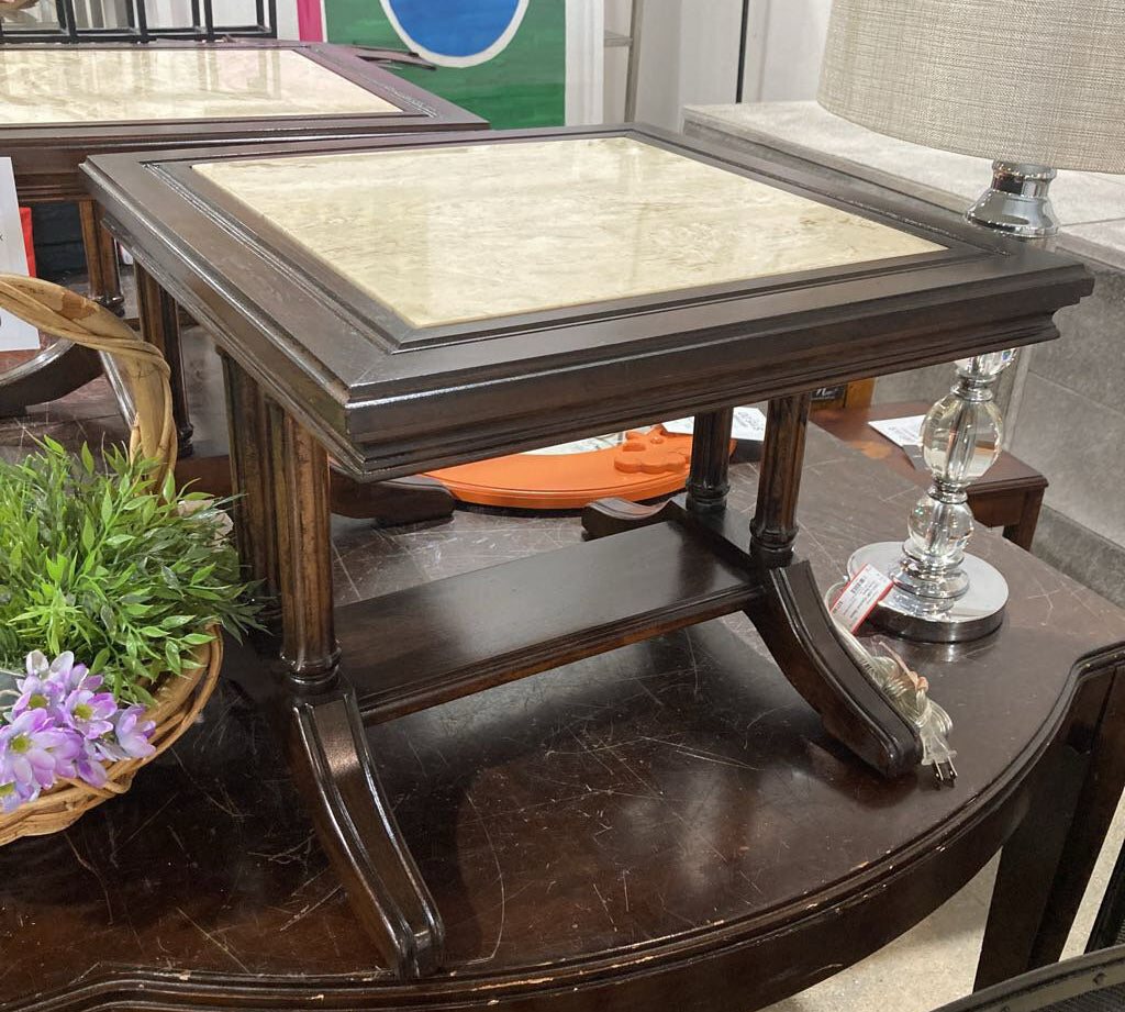 Trestle Style Wood Base Faux Stone Insert Top SIDE TABLE 20Wx20Dx16H