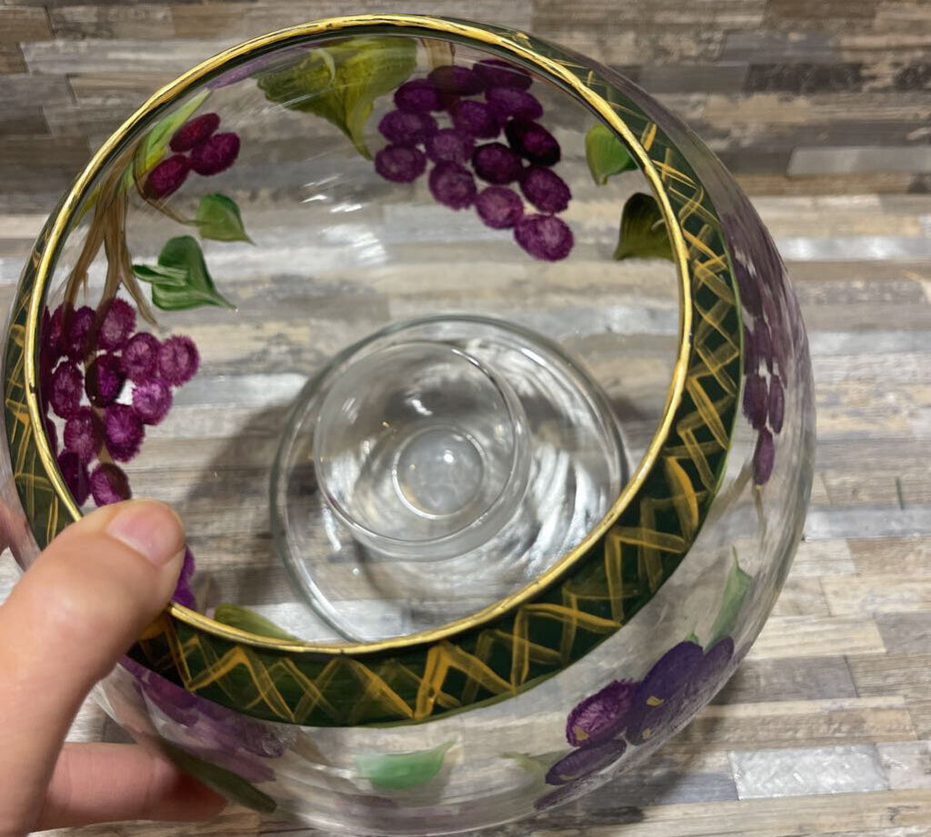 Hand Painted Grape Themed Candle Votive Glass Orb ACCESSORIES 8Wx6.5H