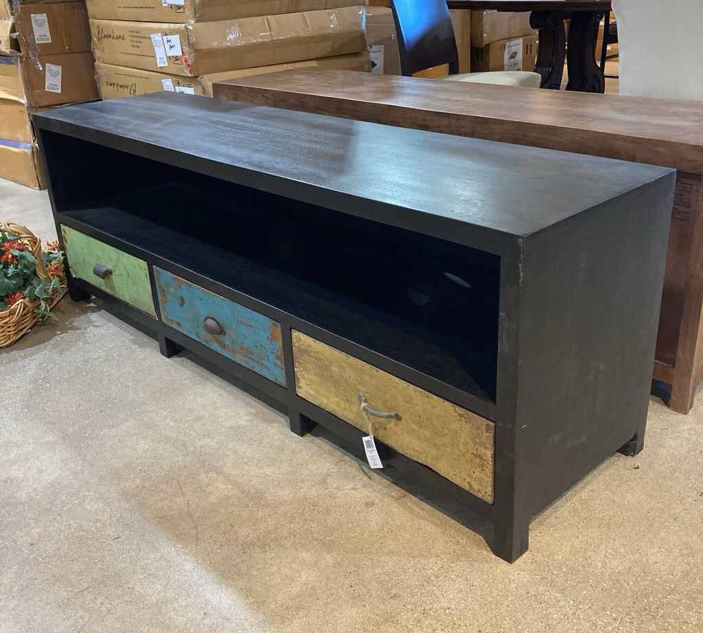 Black Reclaimed Mosaic 3 Drawer Media Unit MEDIA CONSOLE 69w18d23.5h