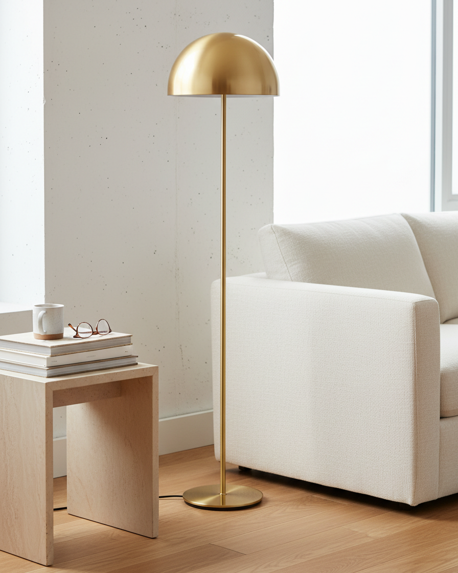 Gold floor lamp next to a white sofa and wooden side table with books and glasses.